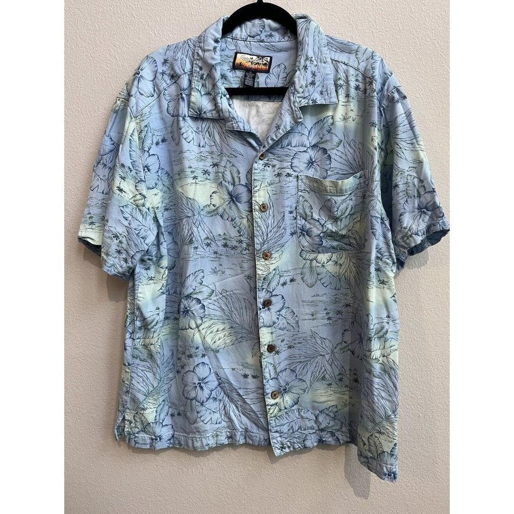 Vintage Havana Jacks Cafe Hawaiian Tropical Shirt Size XL Blue Mint Green floral